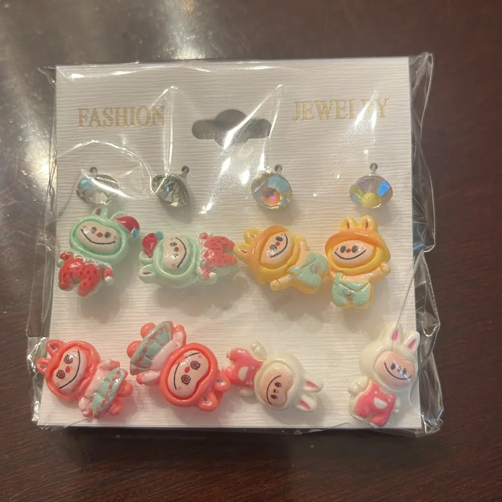 Colorful Cartoon Labubu Monster Character Earrings Set of four pairs with bonus